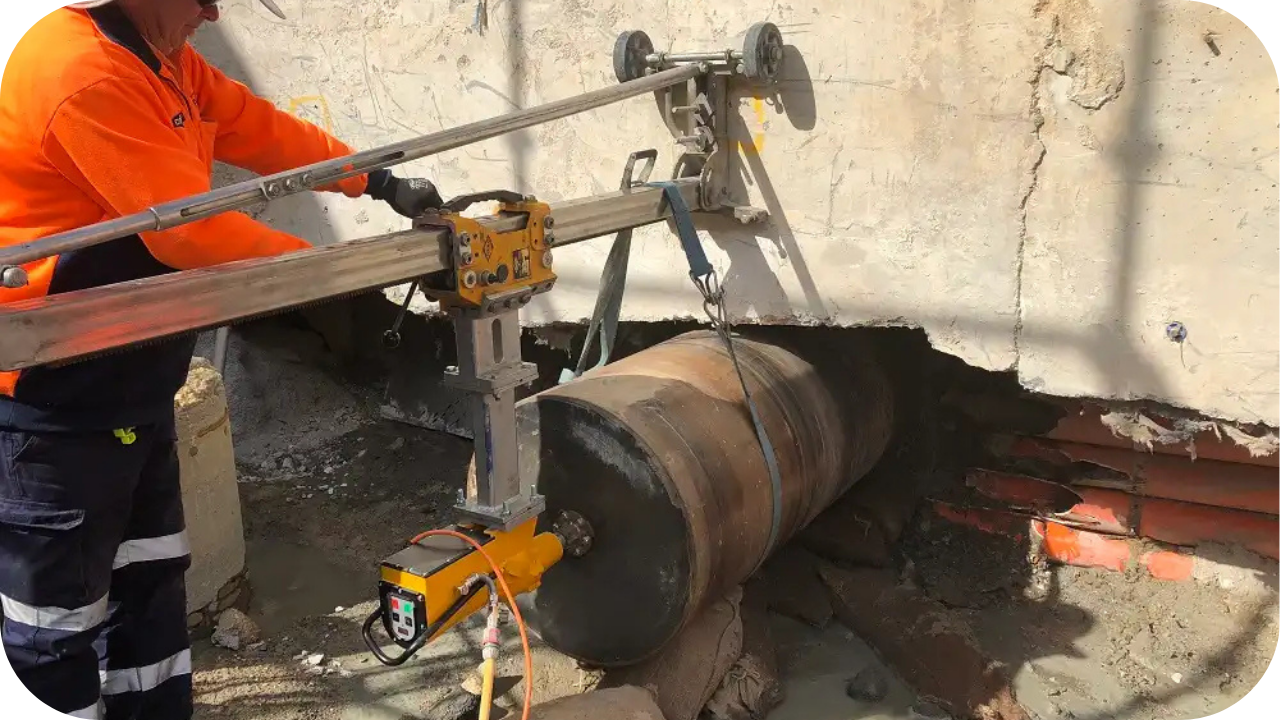 Worker using a mounted concrete core drilling rig to cut a large cylindrical opening through a damaged concrete wall while maintaining controlled dust and precise results.