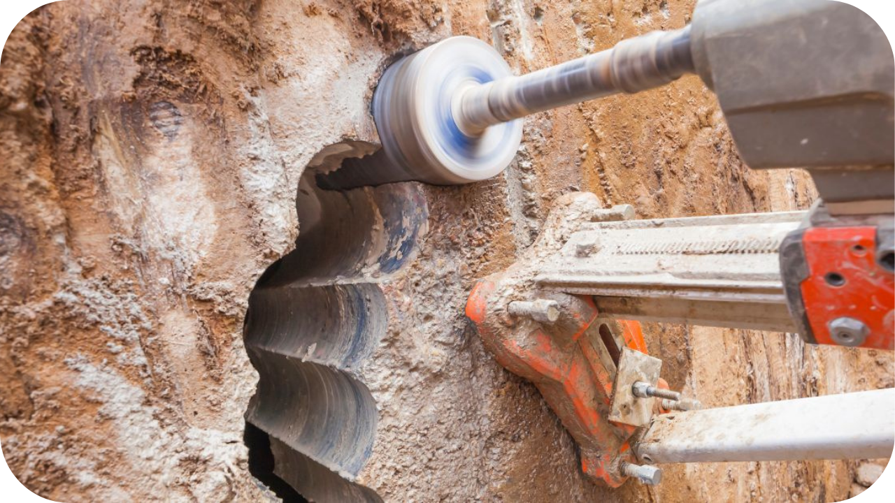 Core drilling machine creating deep circular cuts in a concrete wall, showing precise drilling action and controlled dust for clean professional results on site.