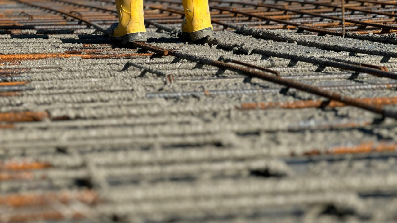 Worker in yellow boots walking across freshly poured concrete over steel reinforcement during slab construction