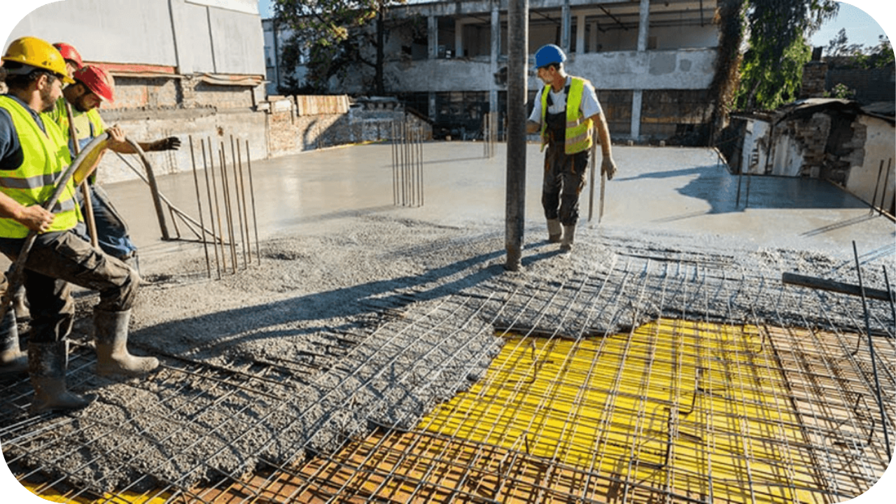 Crew pouring concrete over reinforcement mesh on a building site, showing slab depth, structural support, and correct placement for a strong and even foundation.