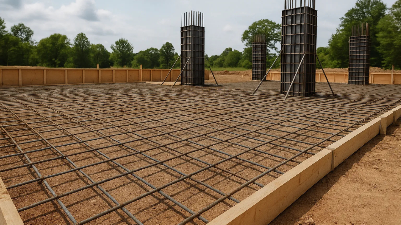Reinforcement grid set across a level formwork base with column cages prepared for a safe concrete pour on a well-organised outdoor site