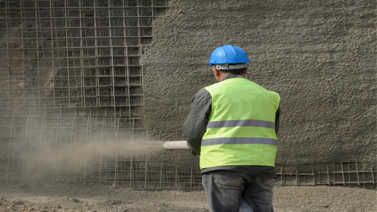 Construction worker in safety gear applying shotcrete over steel mesh to form a dense and uniform concrete wall layer.