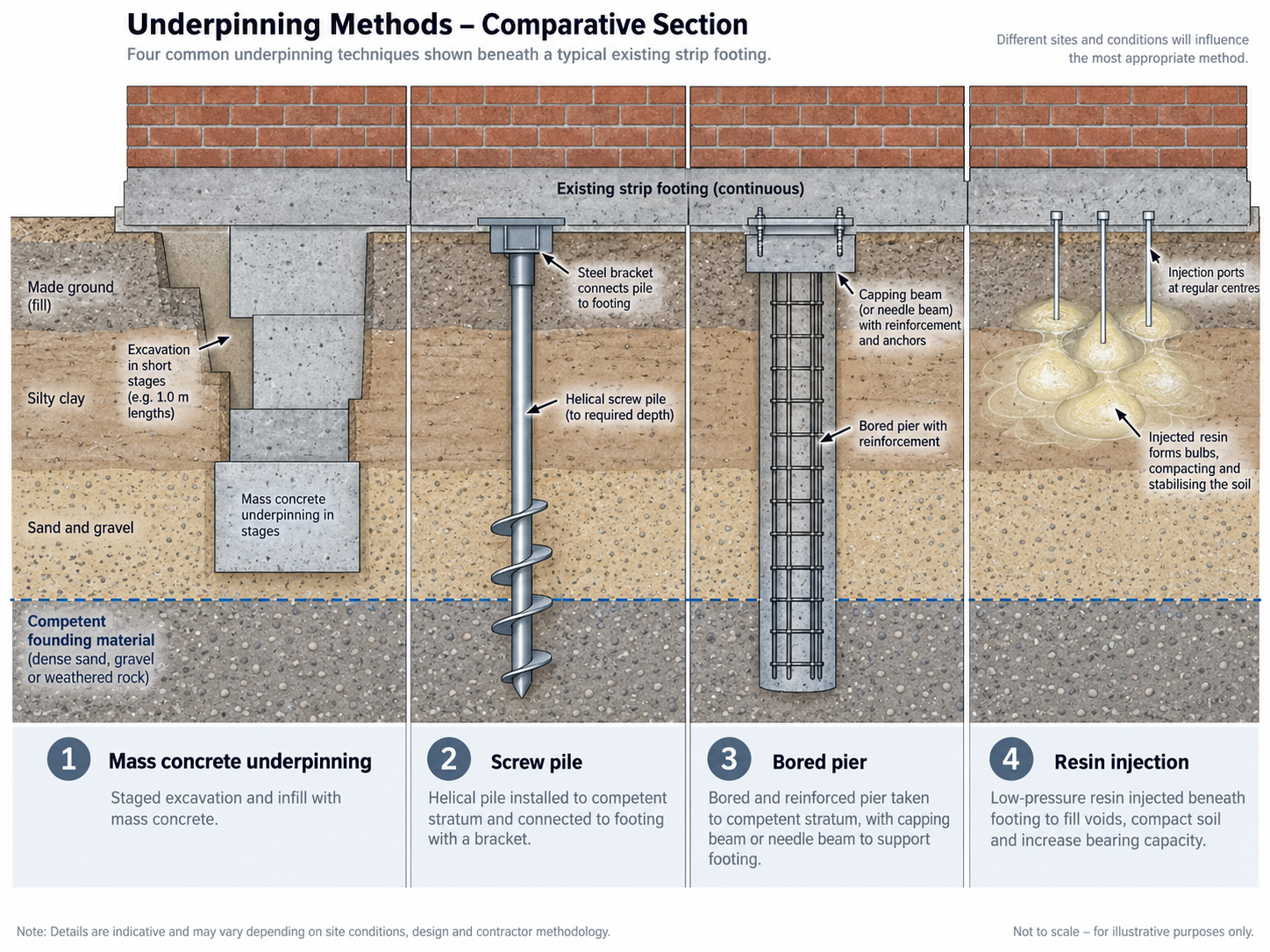Cross-section diagram comparing mass concrete, screw pile, bored pier and resin injection underpinning