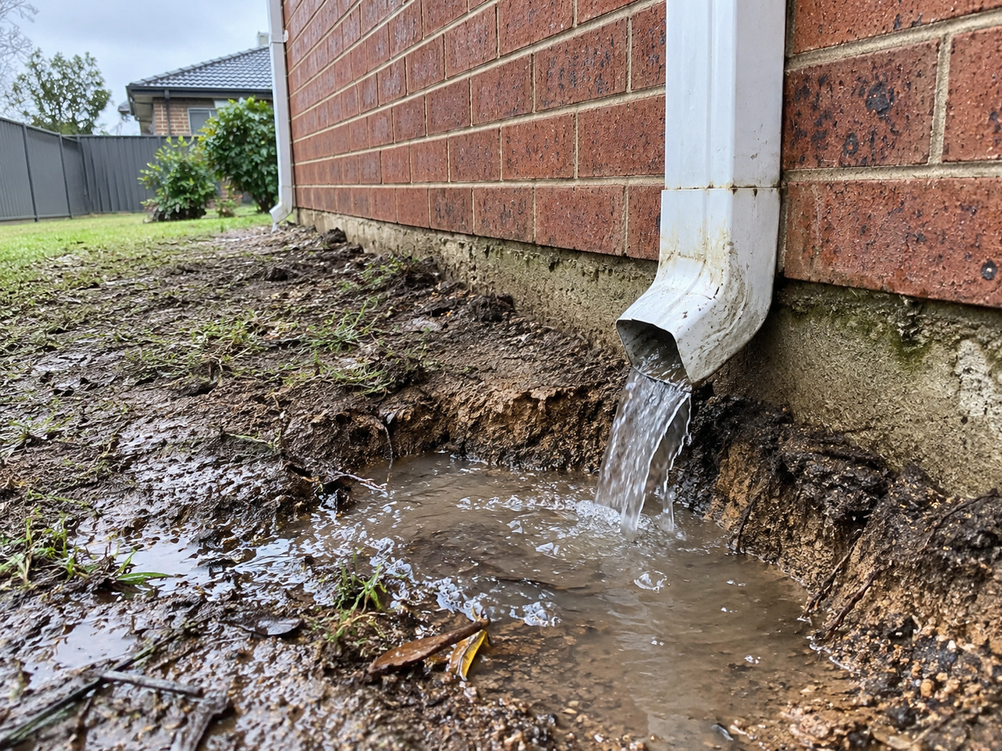 Downpipe discharging water directly against a brick house footing with soil erosion