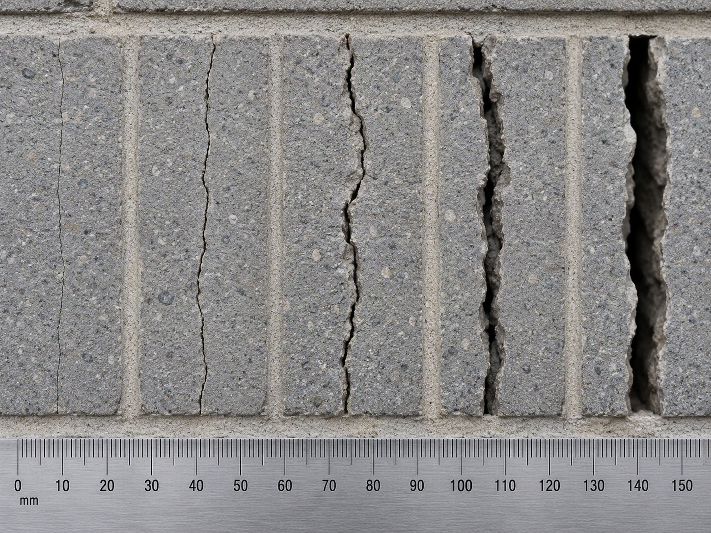 Comparison of five masonry crack widths measured against a millimetre rule‍