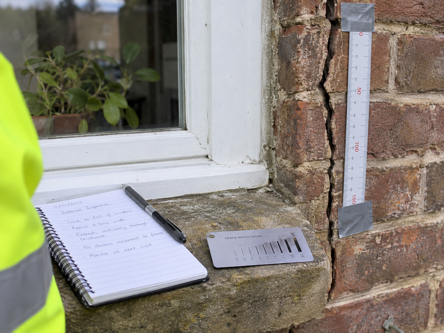 Crack width gauge and site notebook beside a monitored crack in a masonry wall