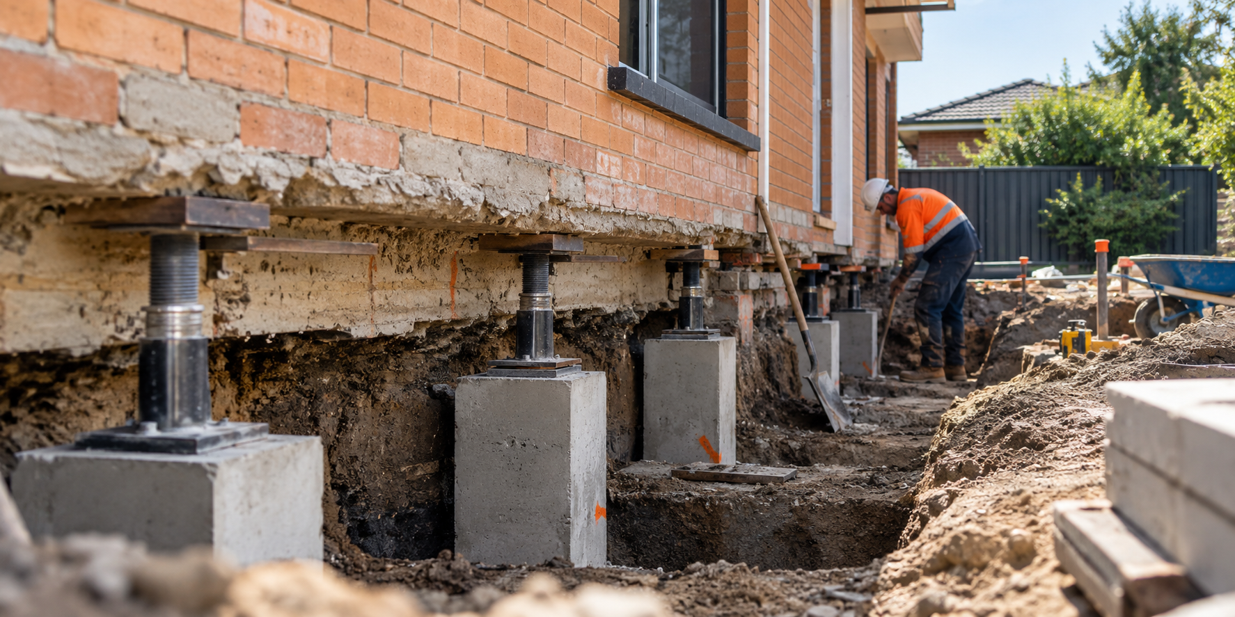 Underpinning work beneath a brick house with concrete piers and temporary supports along the exposed foundation.