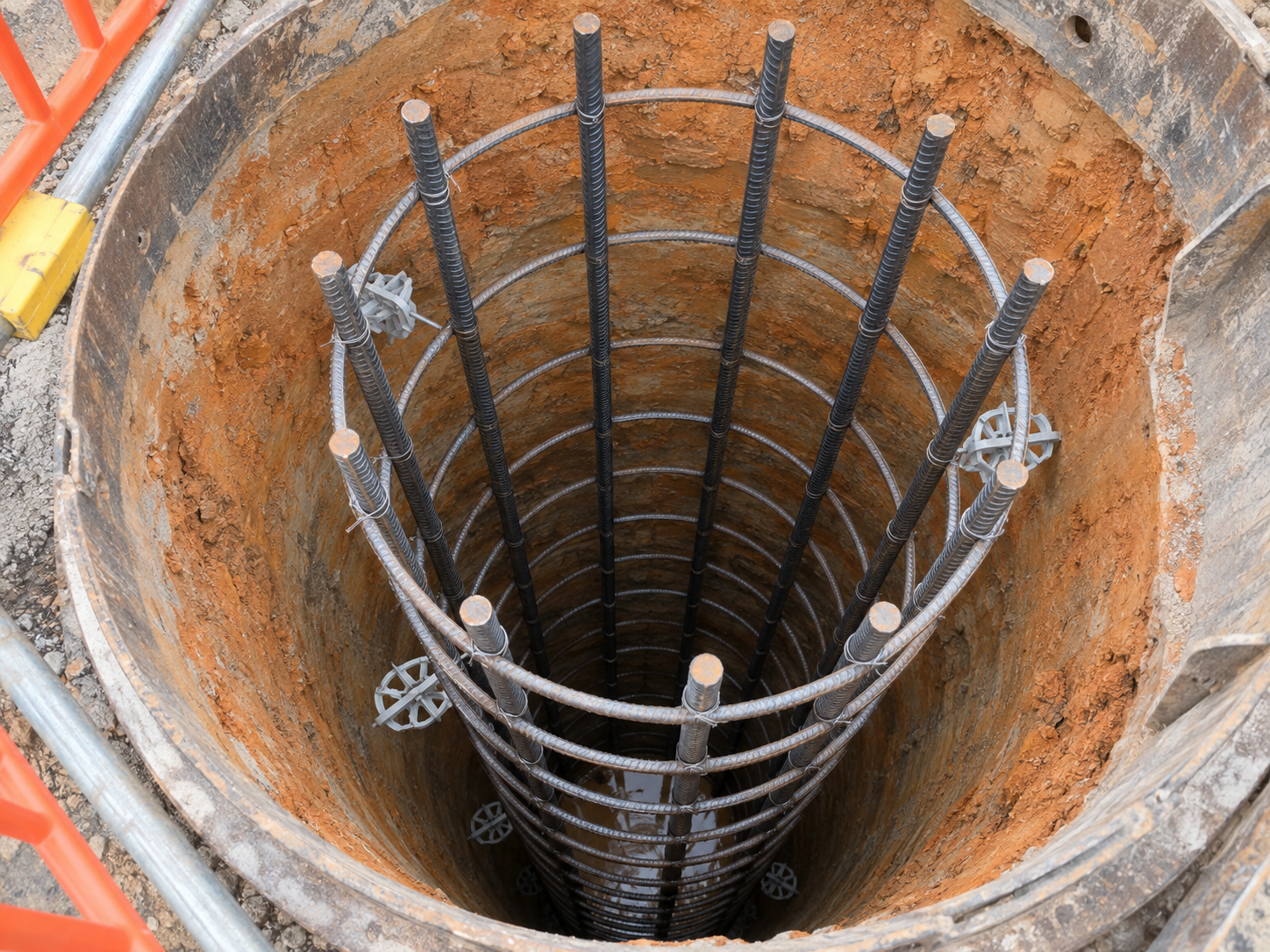 Steel reinforcement cage sitting inside an open bored pier shaft before the concrete pour
