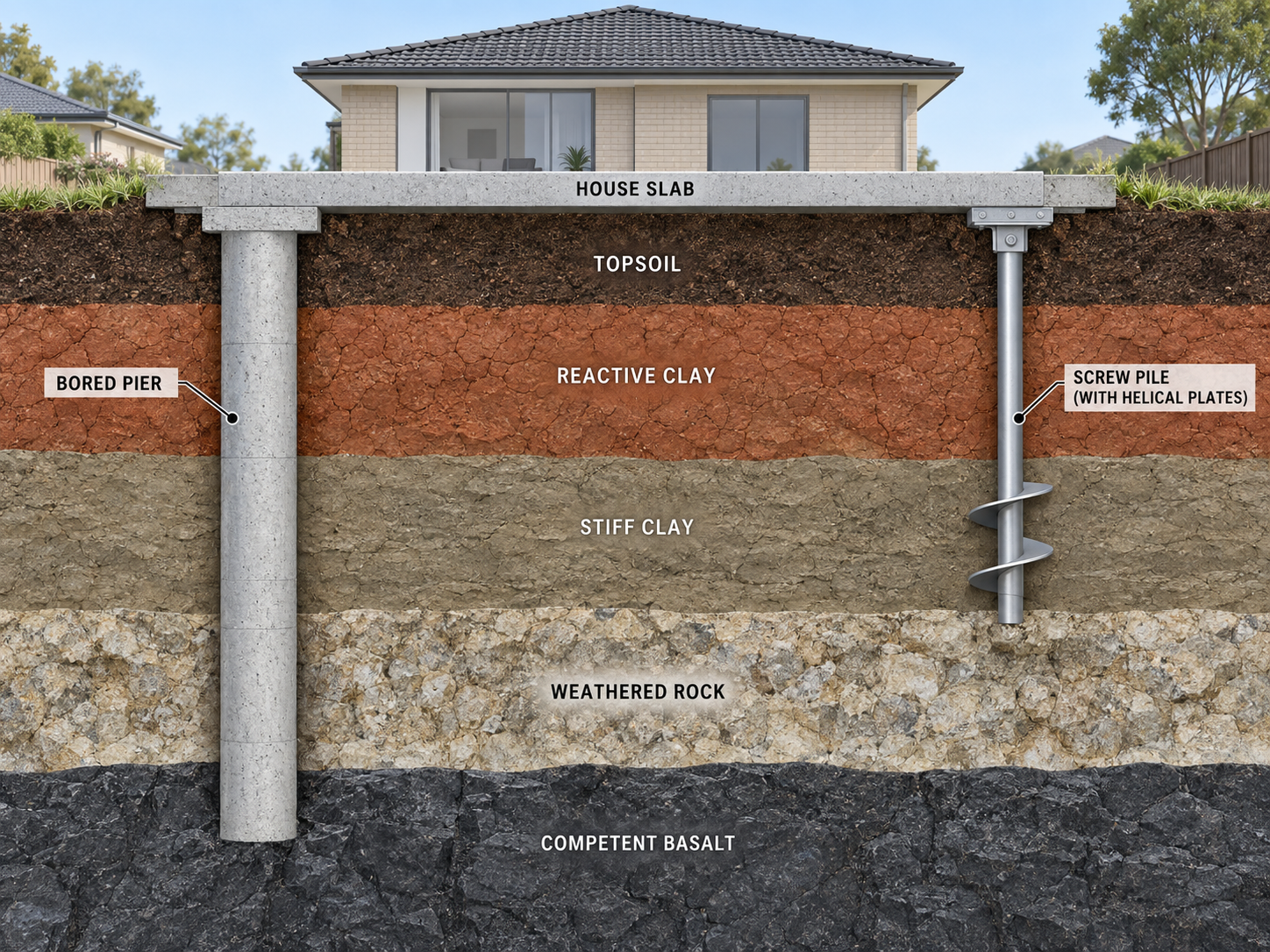 Cross-section diagram comparing a bored pier and a screw pile founding in a layered Melbourne soil profile