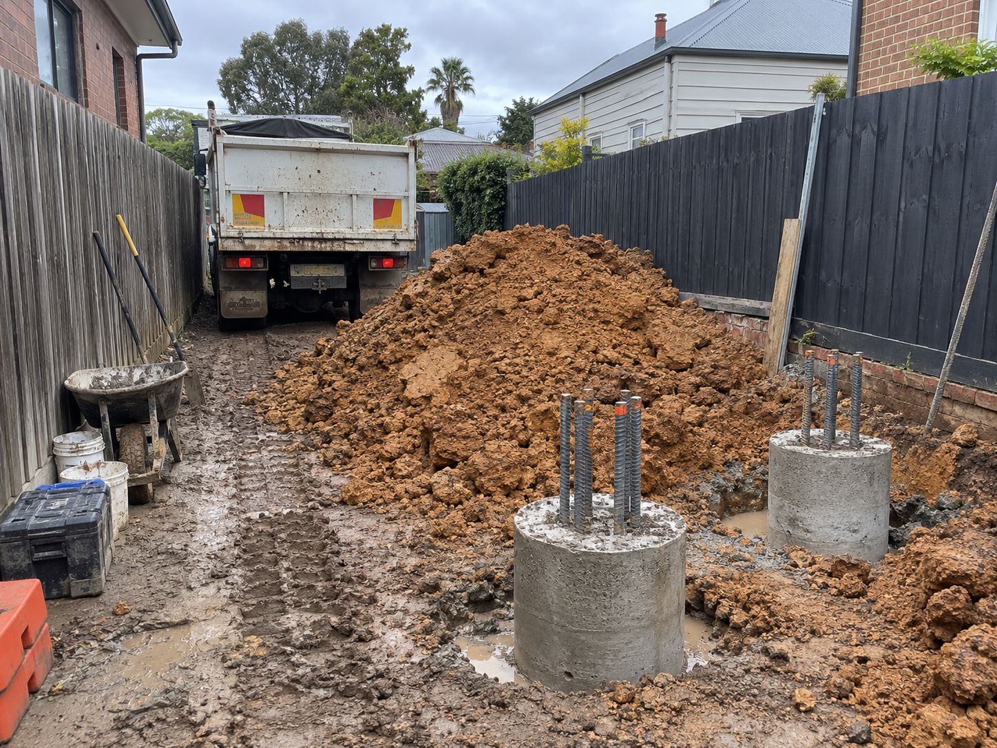 Clay spoil from bored piers stockpiled beside a tipper truck on a narrow Melbourne site