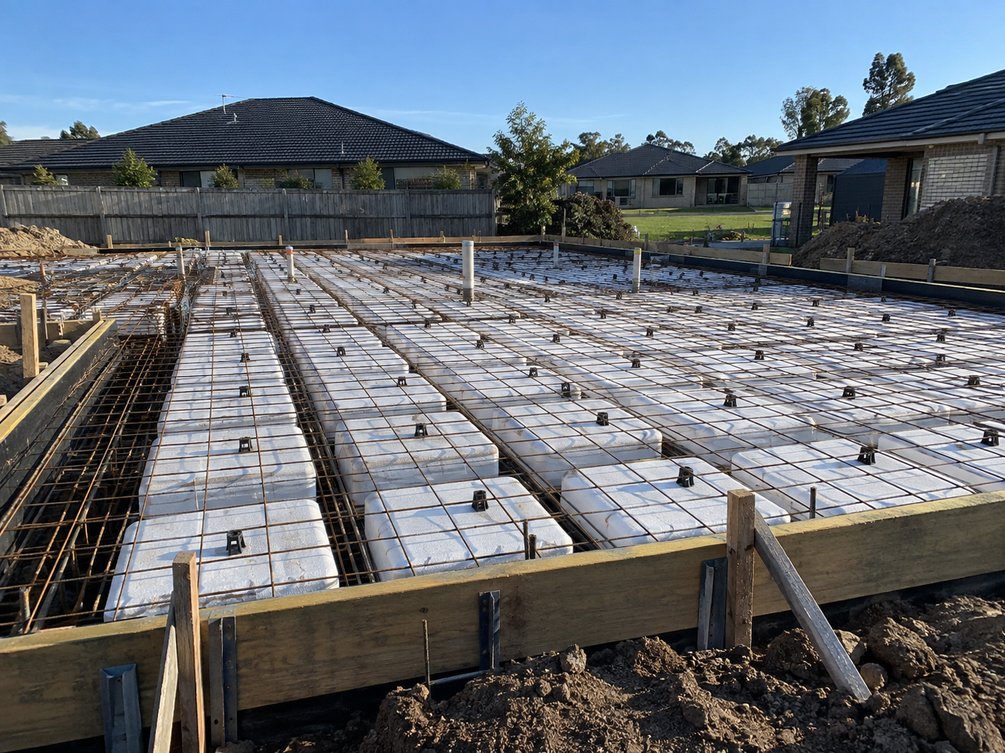 Waffle pod raft slab with pods and reinforcing mesh ready for concrete