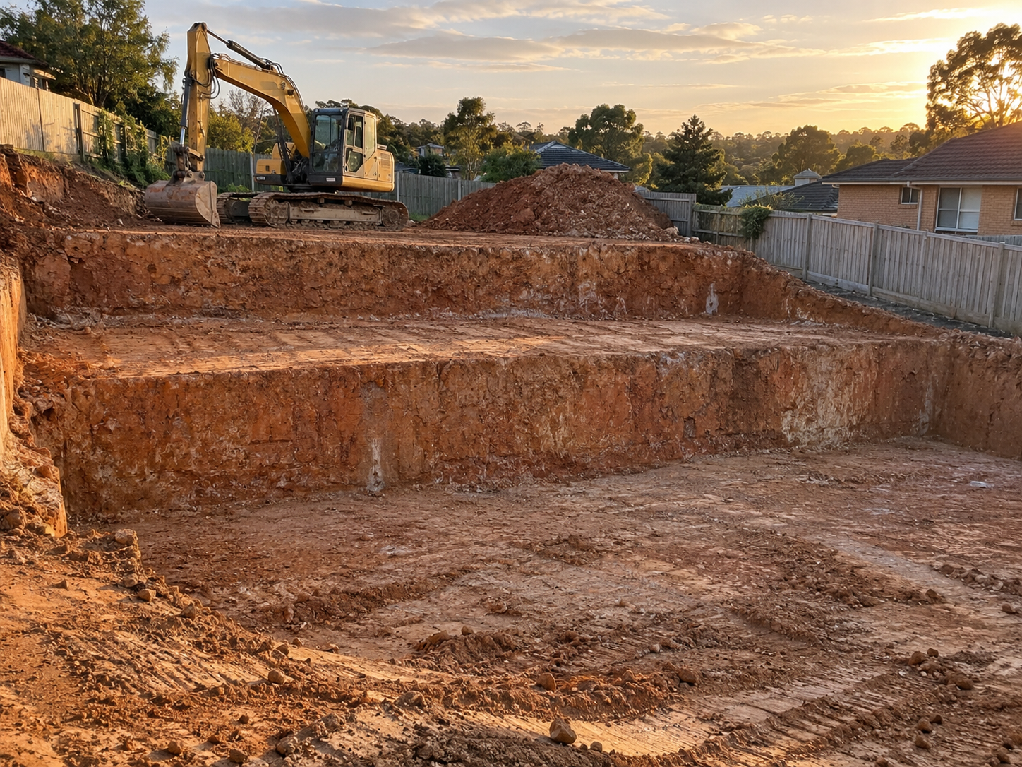 Benched and excavated building platform cut into clay on a sloping Melbourne site