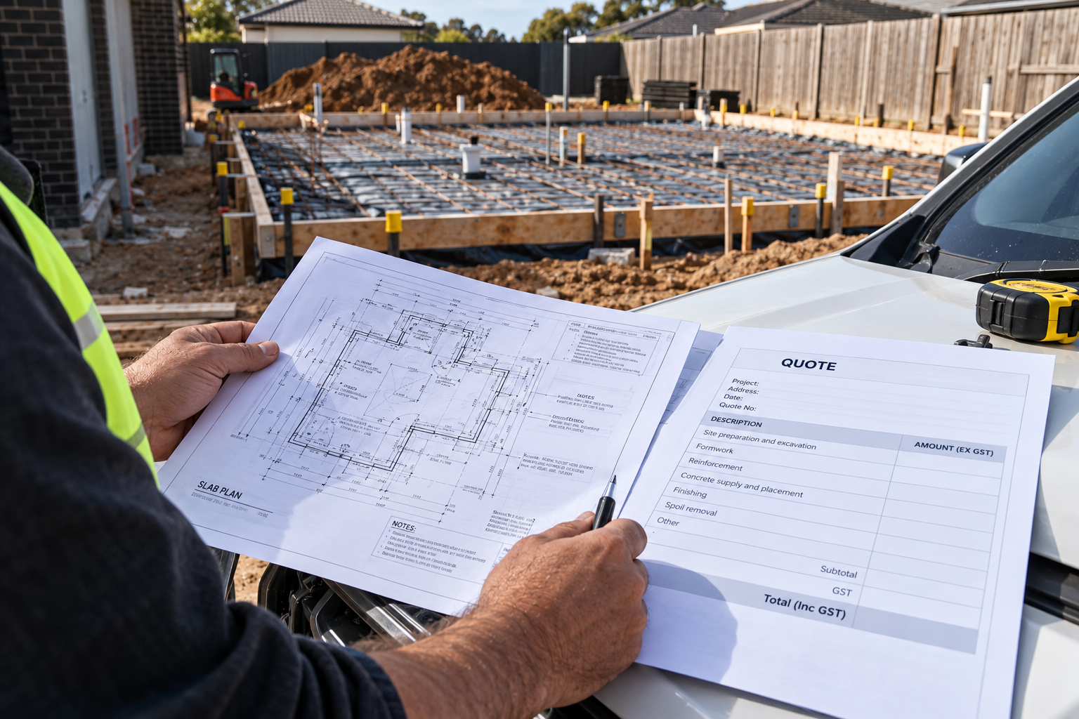 Builder comparing a concrete slab quote against structural drawings on site
