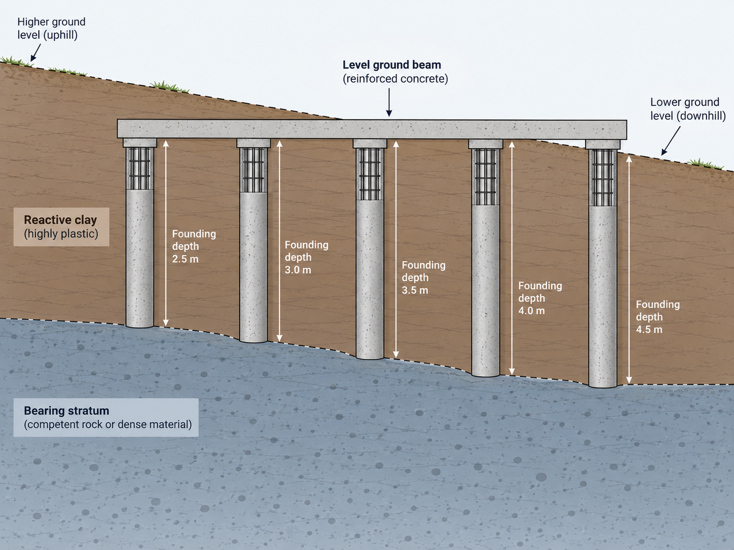 Cross-section diagram of bored piers at varying founding depths on a sloping site