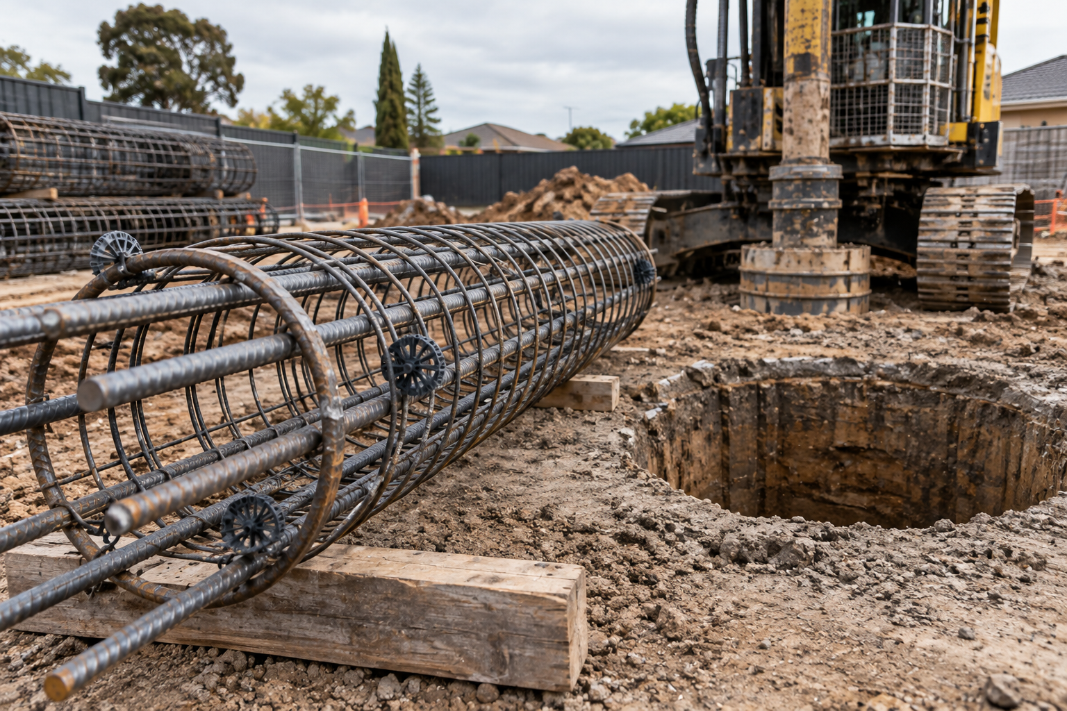Steel reinforcement cage with ligatures ready for placement into a bored pier shaft