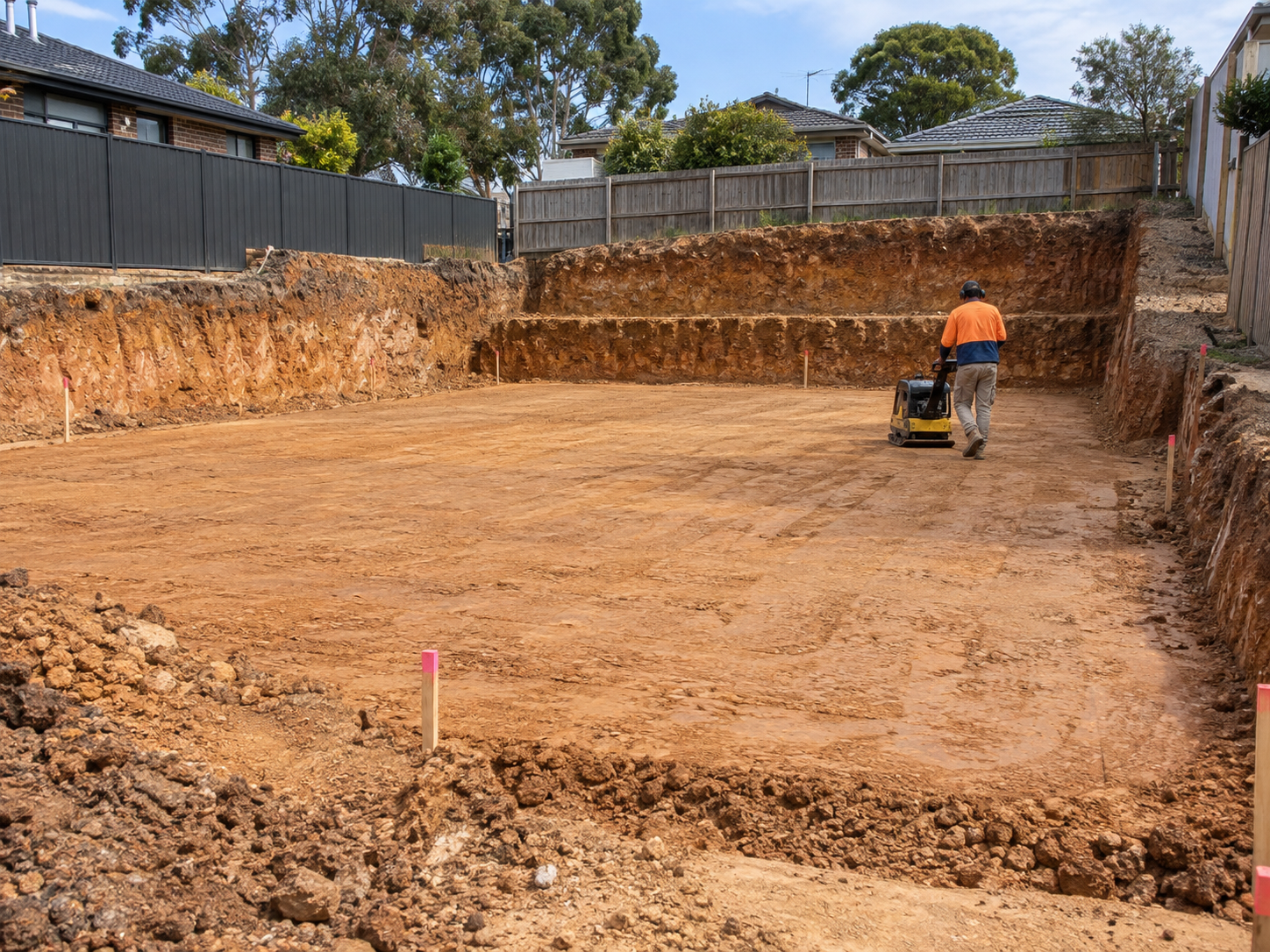 Subgrade being compacted on a completed site cut building pad in Melbourne