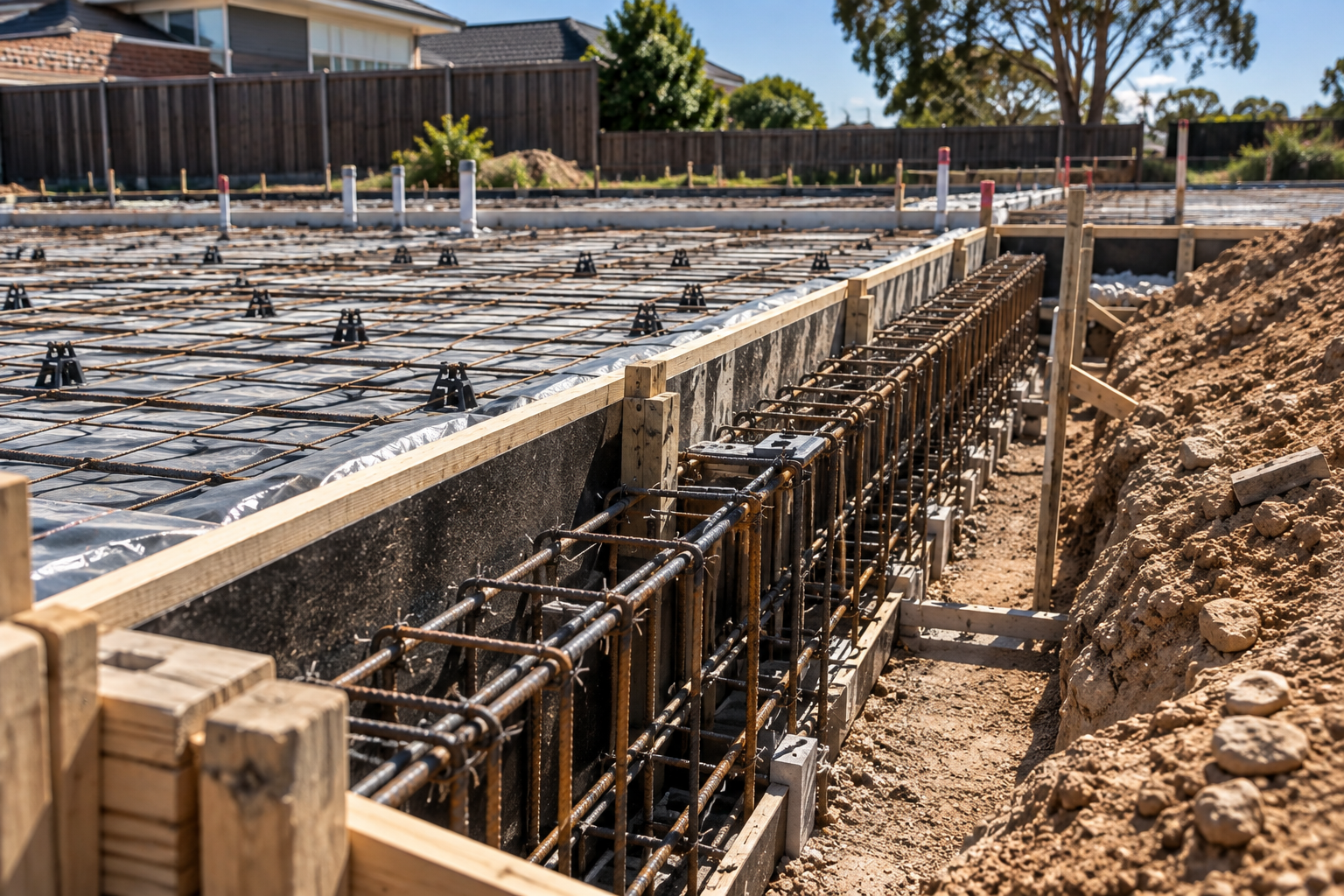 Excavated edge beam with reinforcement cage in place around a slab perimeter