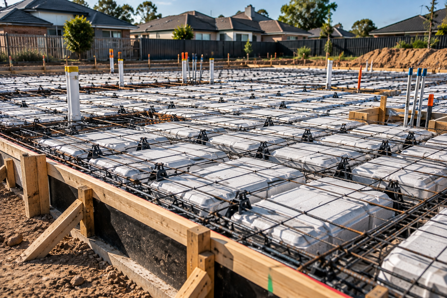 Waffle pods laid out in a grid with reinforcing mesh over the top before a slab pour