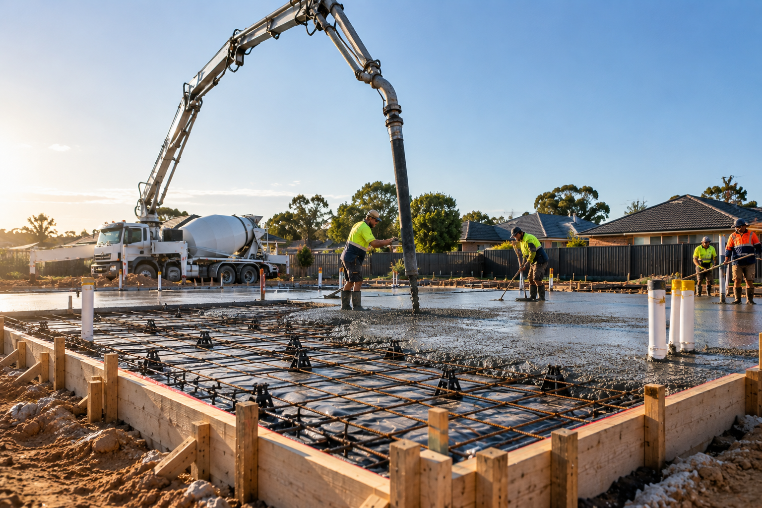 Boom pump placing concrete into a formed slab on a Melbourne site