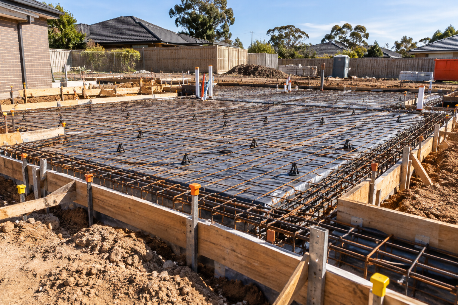 Residential slab under construction with formwork, edge beams and reinforcement in place