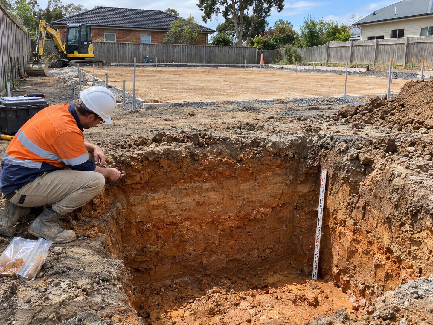 Soil test pit on a Melbourne block showing the clay profile before slab design