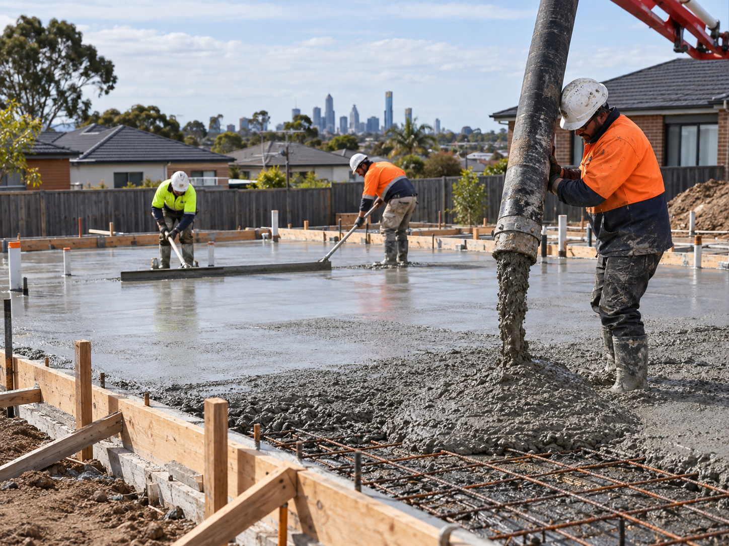 Concrete being placed and screeded during a residential slab pour