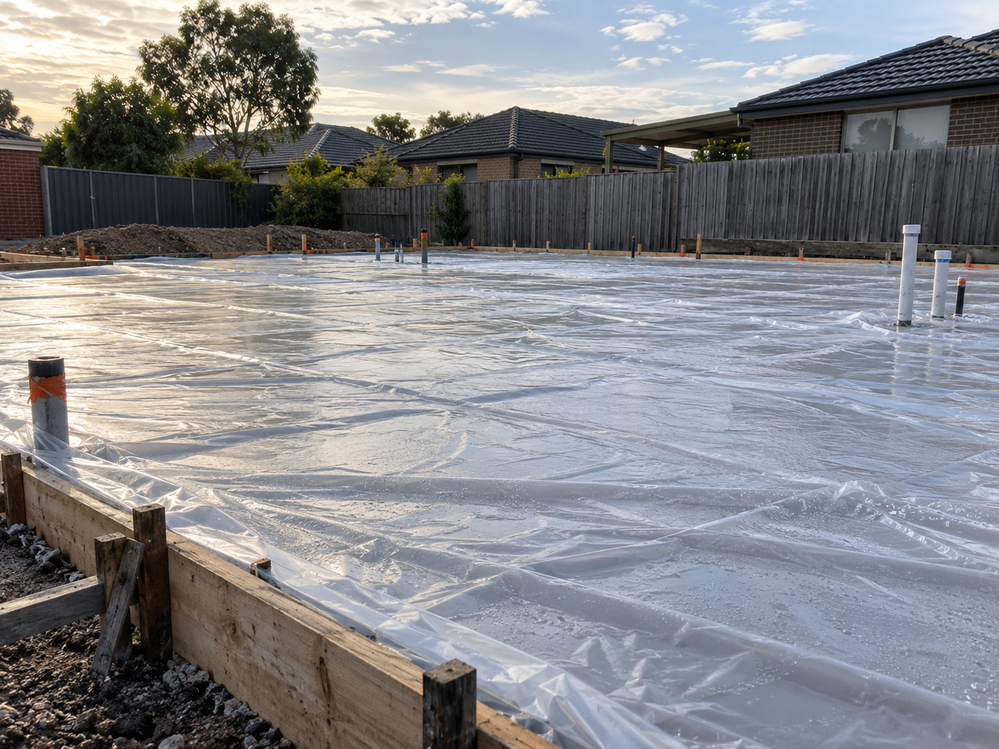 Freshly poured slab covered for curing on a Melbourne site