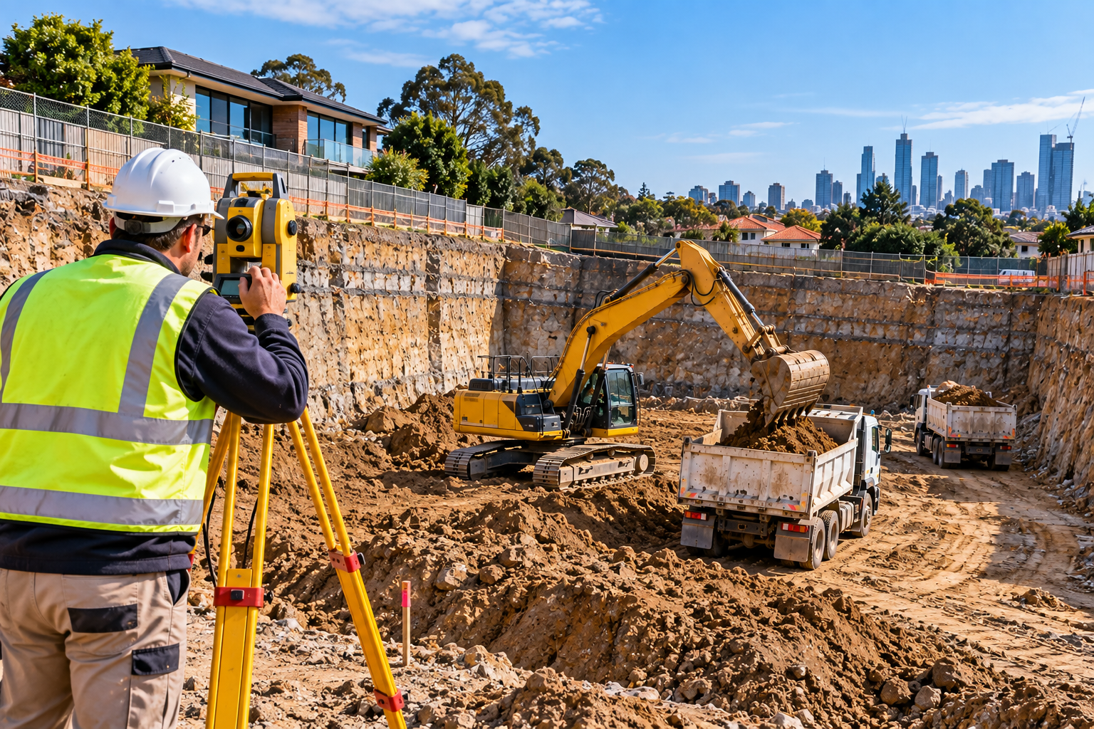 Survey levels being checked during bulk excavation on a Melbourne project