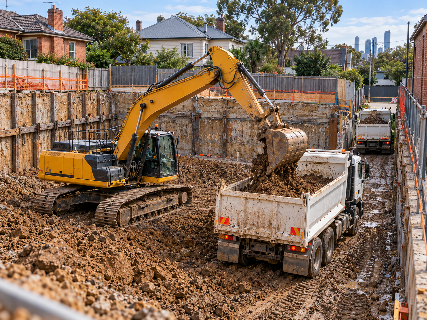 Excavator loading spoil into a truck during bulk earthworks in Melbourne
