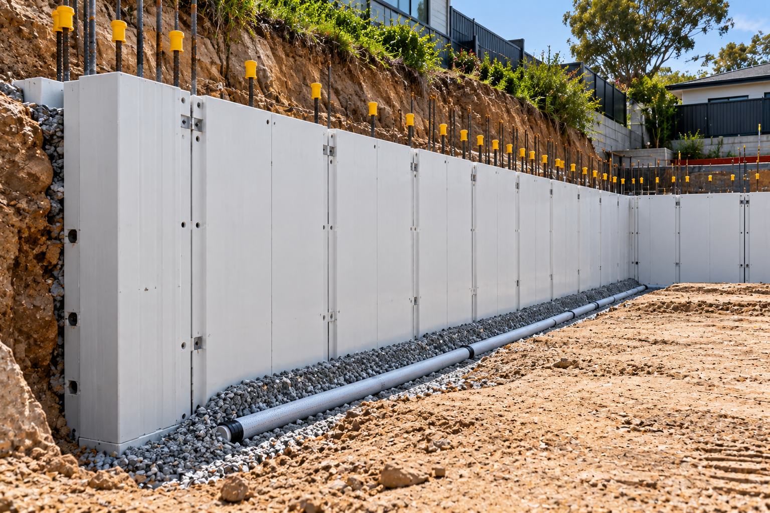 Dincel retaining wall with drainage at the base before backfill