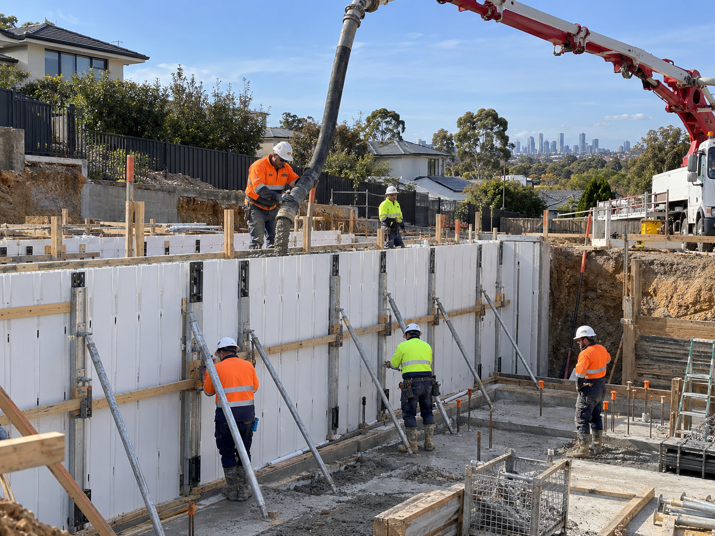 Concrete being pumped into Dincel wall panels on a Melbourne site