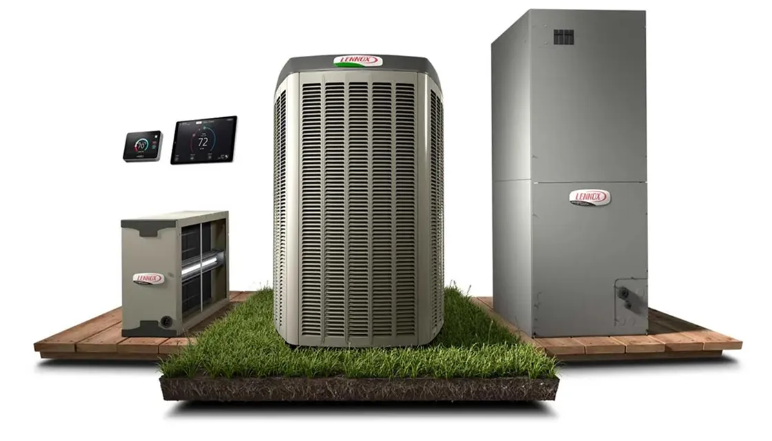 Matched AC system: outdoor unit, indoor air handler, coil and thermostats