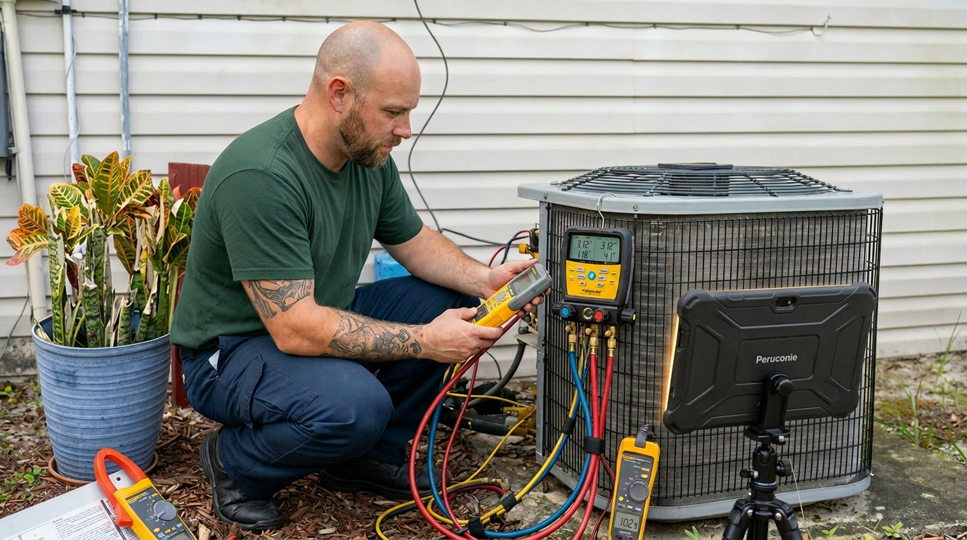 FL HVAC technician performing an AC performance tune-up with calibrated gauges on an outdoor AC unit in Ocala, FL