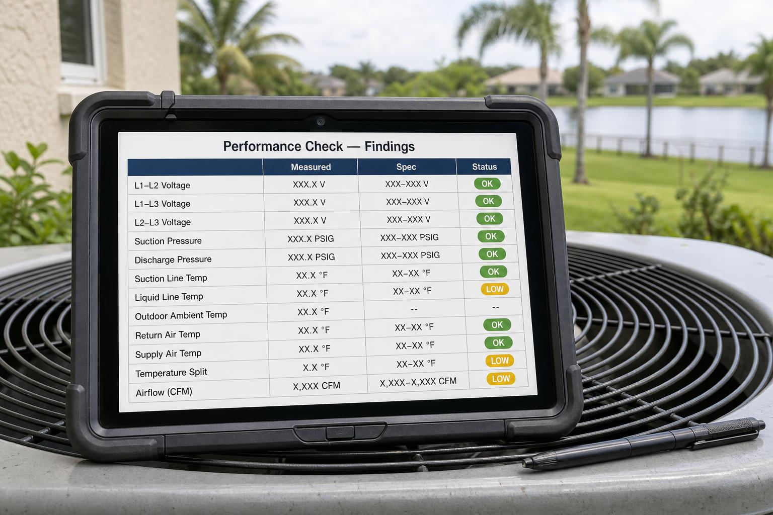 Tablet displaying FL HVAC performance check findings report resting on top of an outdoor AC unit