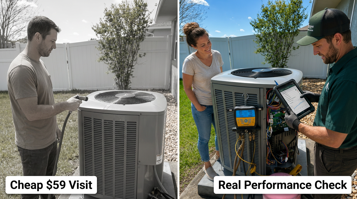 Comparison of a cheap $59 AC tune-up vs. a real AC performance tune-up with instruments and written findings