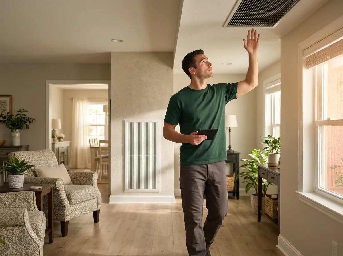 FL HVAC Services technician checking airflow at each supply vent in a Florida home