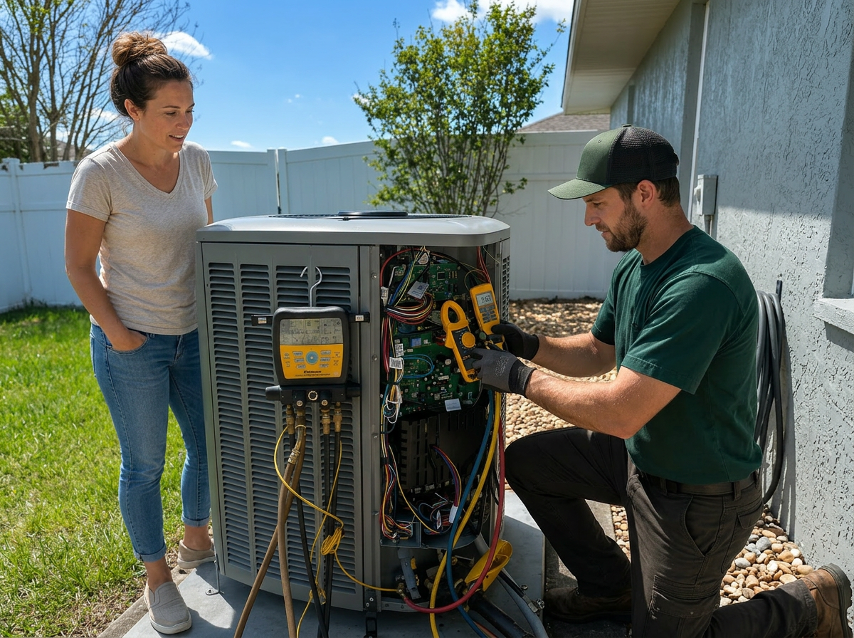FL HVAC technician with gauges connected to an outdoor AC unit during a performance check
