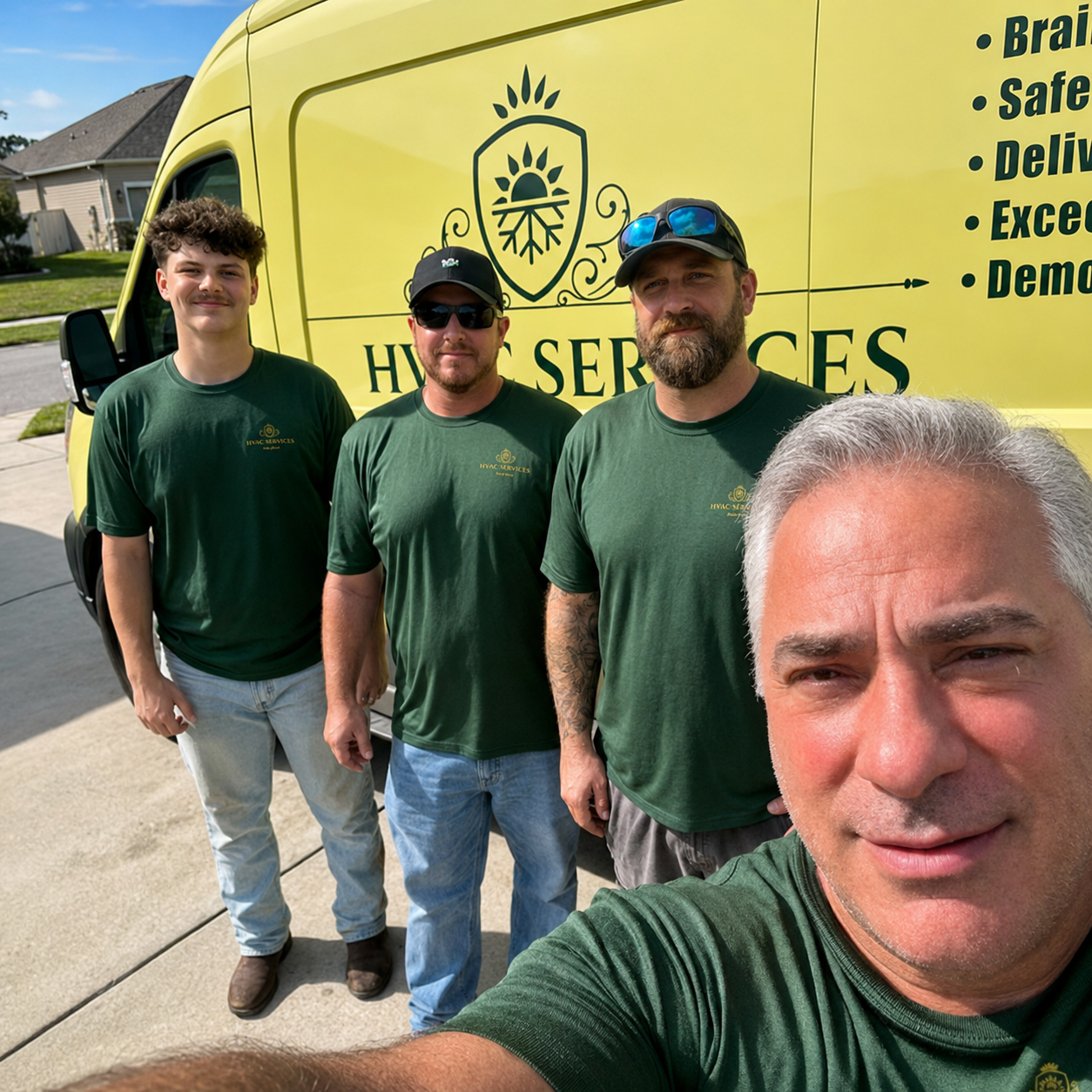 FL HVAC team in Ocala, FL who perform AC performance tune-ups, standing in front of branded service truck