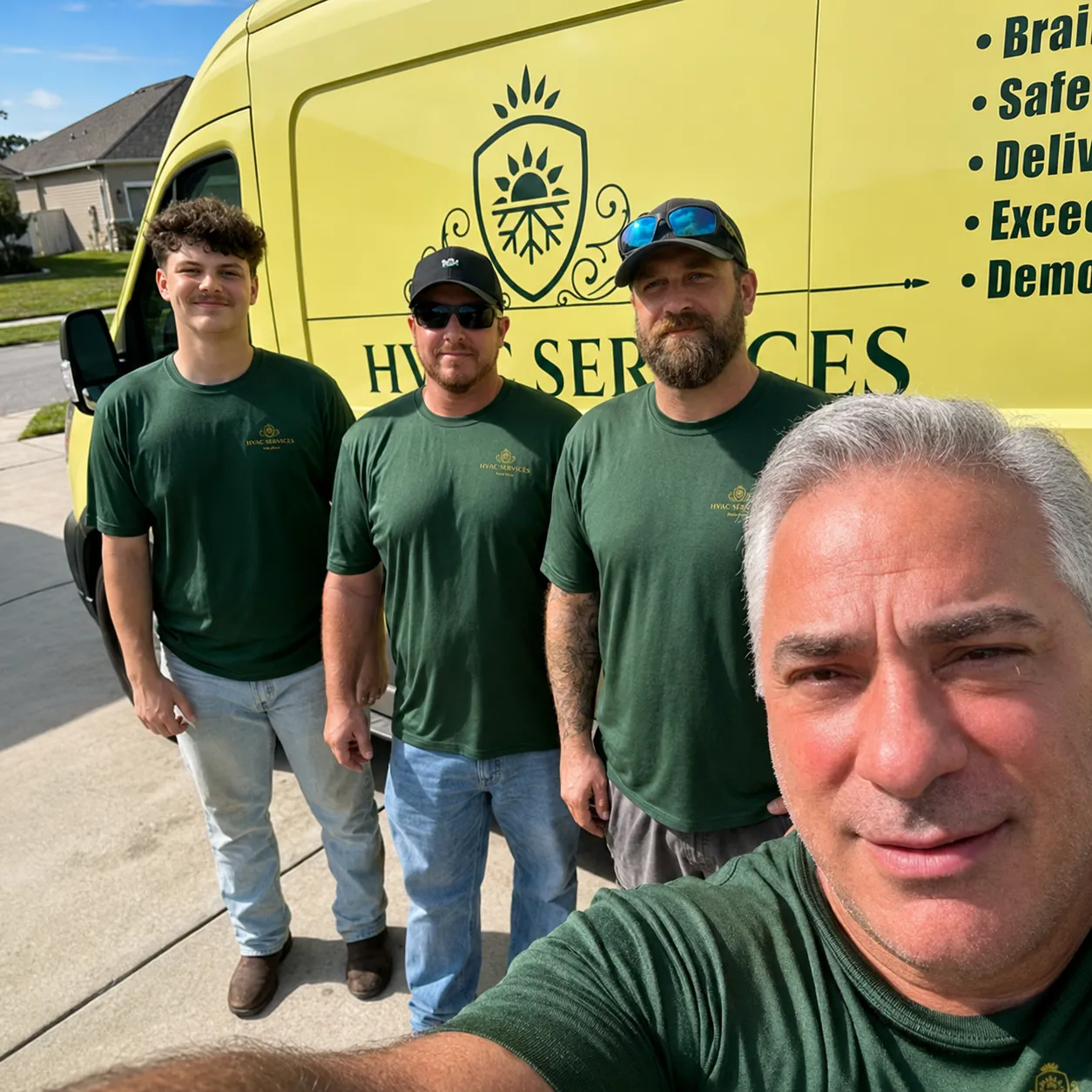 George and the FL HVAC Services team of certified AC technicians in front of the company van in Ocala, FL
