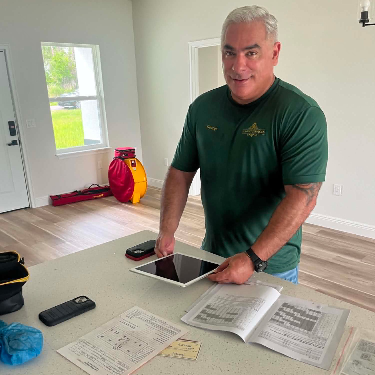FL HVAC technician reviewing documented AC performance data results and written findings with homeowner