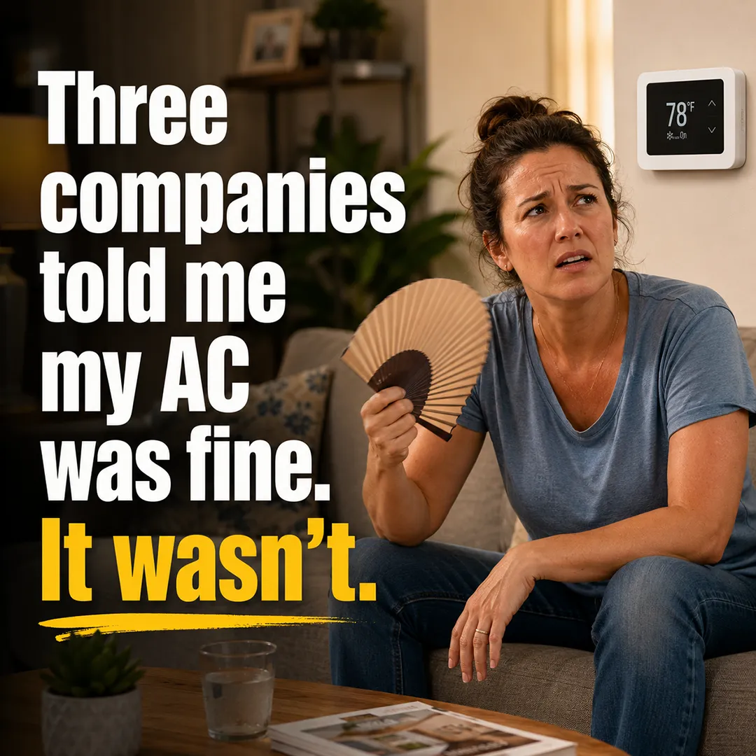 Frustrated homeowner fanning herself on the couch: three companies told me my AC was fine. It wasn't.