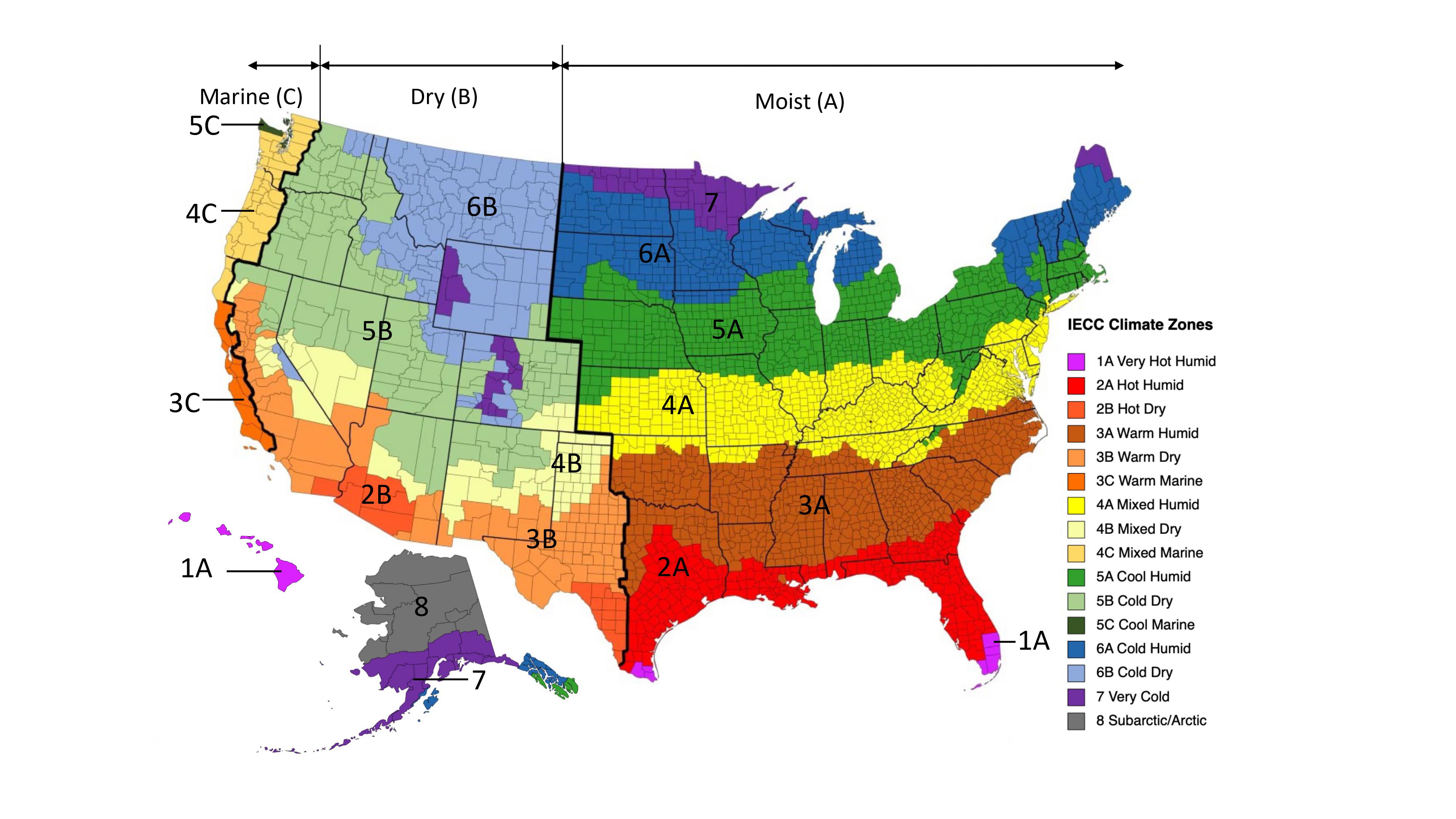 IECC climate zone map of the United States showing Central Florida in Zone 2A, hot and humid