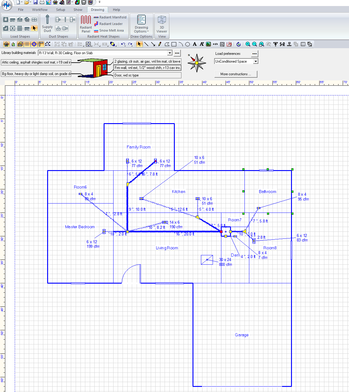 Wrightsoft duct layout drawing of a Florida home showing room-by-room duct sizes and airflow