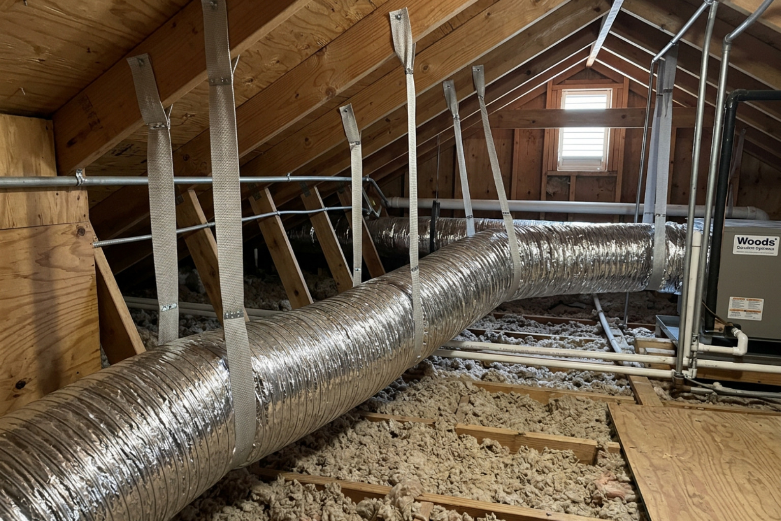 Correctly installed flex duct in a Florida attic, pulled straight and hung on supports so it carries its full airflow