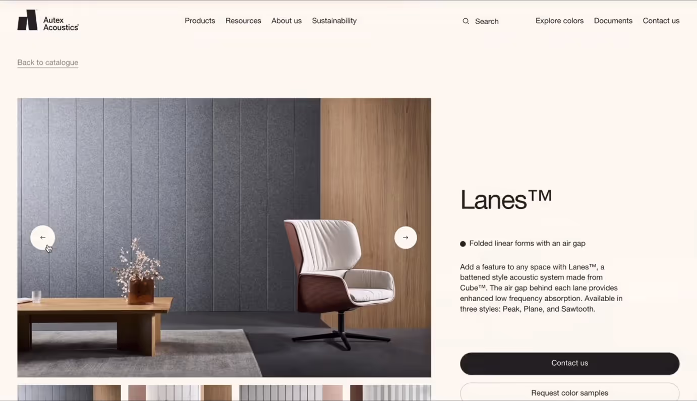 Lanes acoustic panel system with modern chair and wooden table