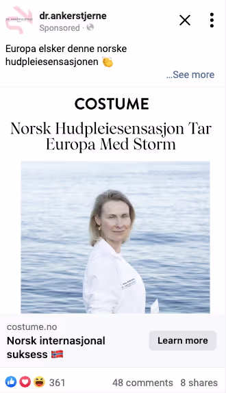 Woman in white jacket stands by ocean, promoting Norwegian skincare brand