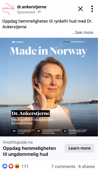Woman in white posing by water, advertising Norwegian skincare brand Dr. Ankerstjerne
