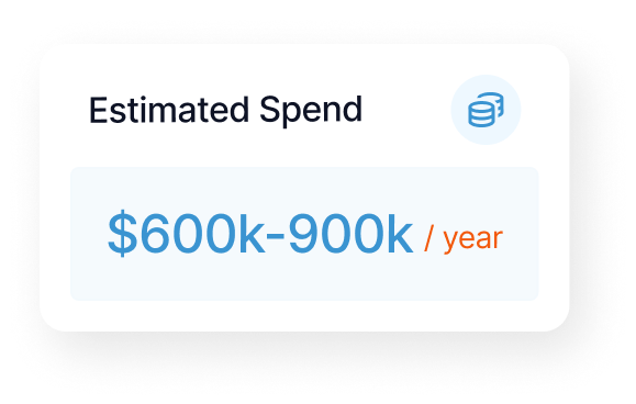 Estimated spend range between $600k and $900k per year with a coin stack icon.