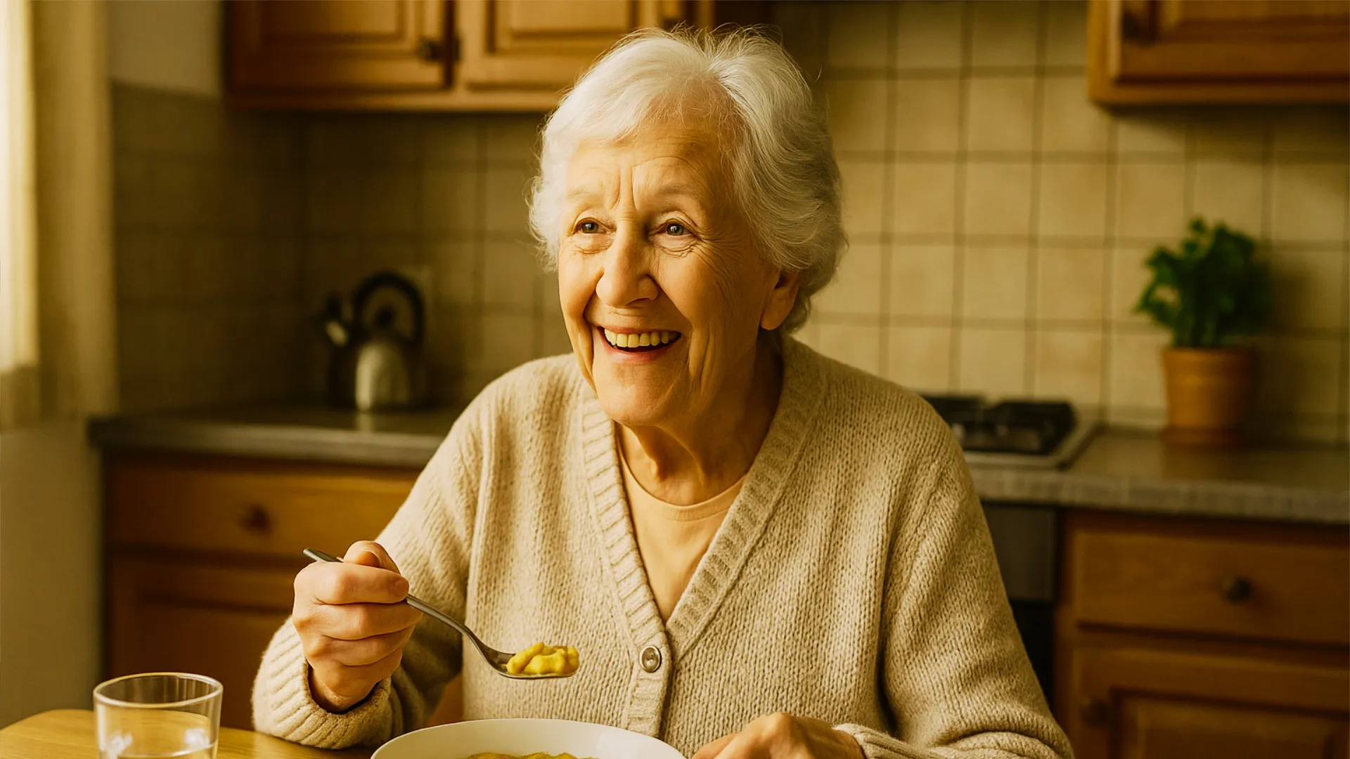 Senior dégustant texture modifiée SENES - plat manger-mains adapté troubles déglutition EHPAD