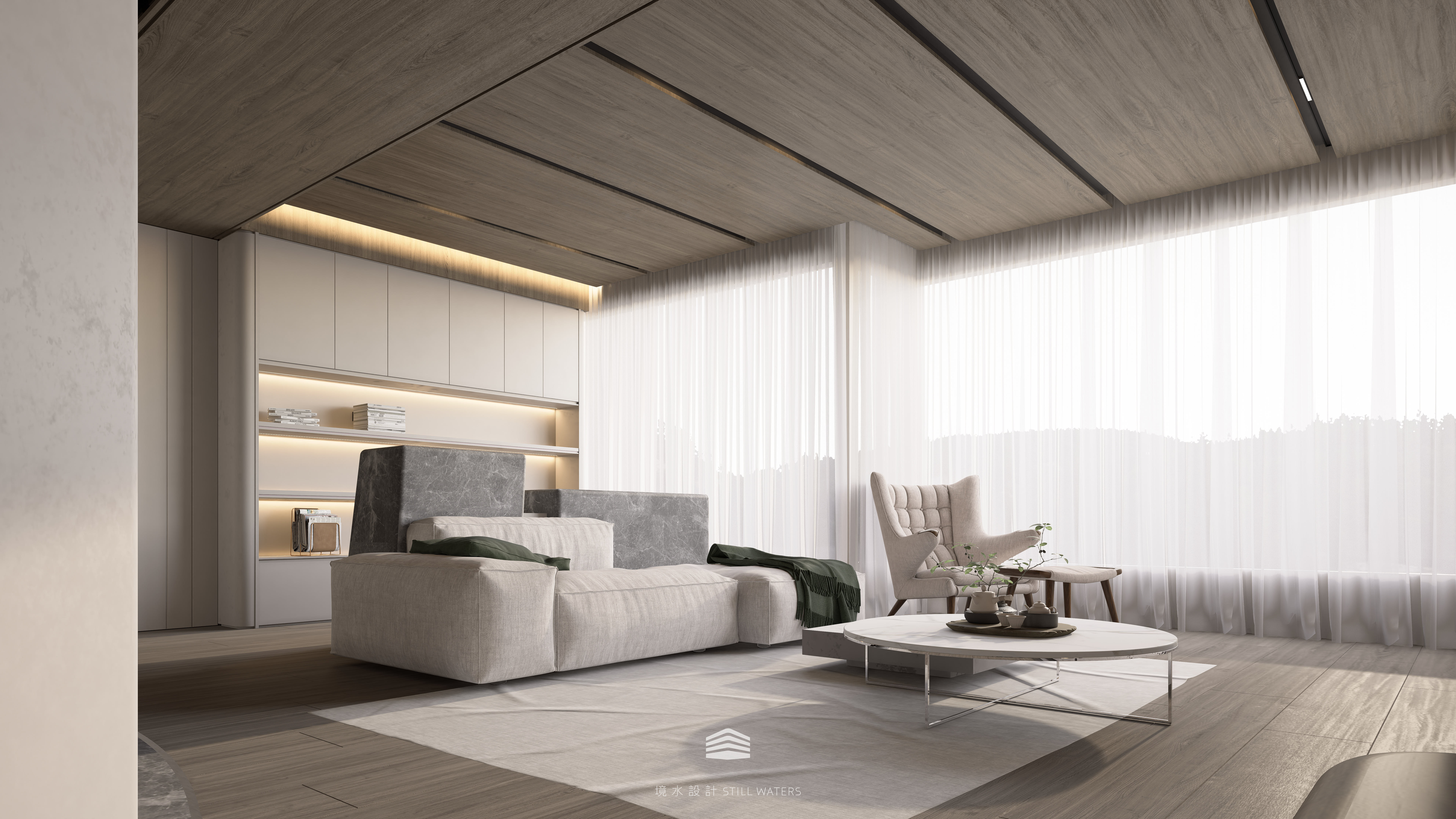 台北北投區退休宅客廳空間，融合無障礙機能整合於簡約現代風格中，展現靜水流深的隱性友善設計；境水設計原創設計